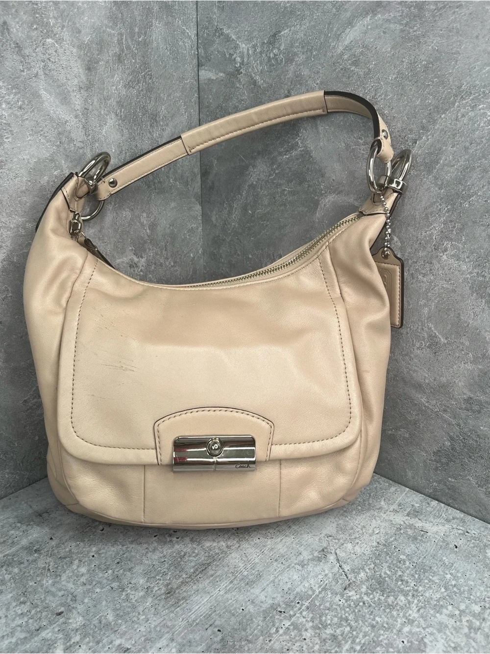 Coach Beige Leather Shoulder Bag with Silver Hardware